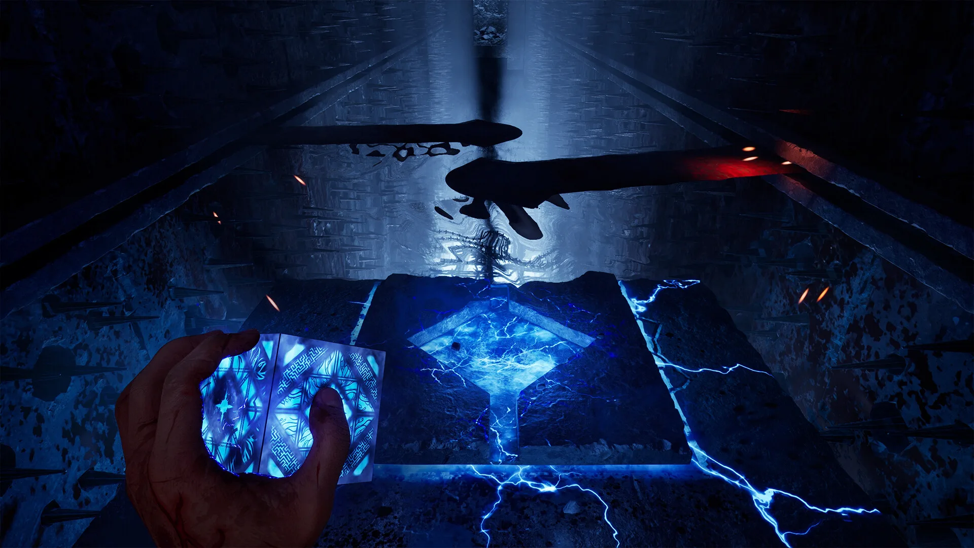 Steam screenshot of a first-person puzzle box emitting blue energy in Hellraiser: Revival, 1920 by 1080, Steam app 1551980