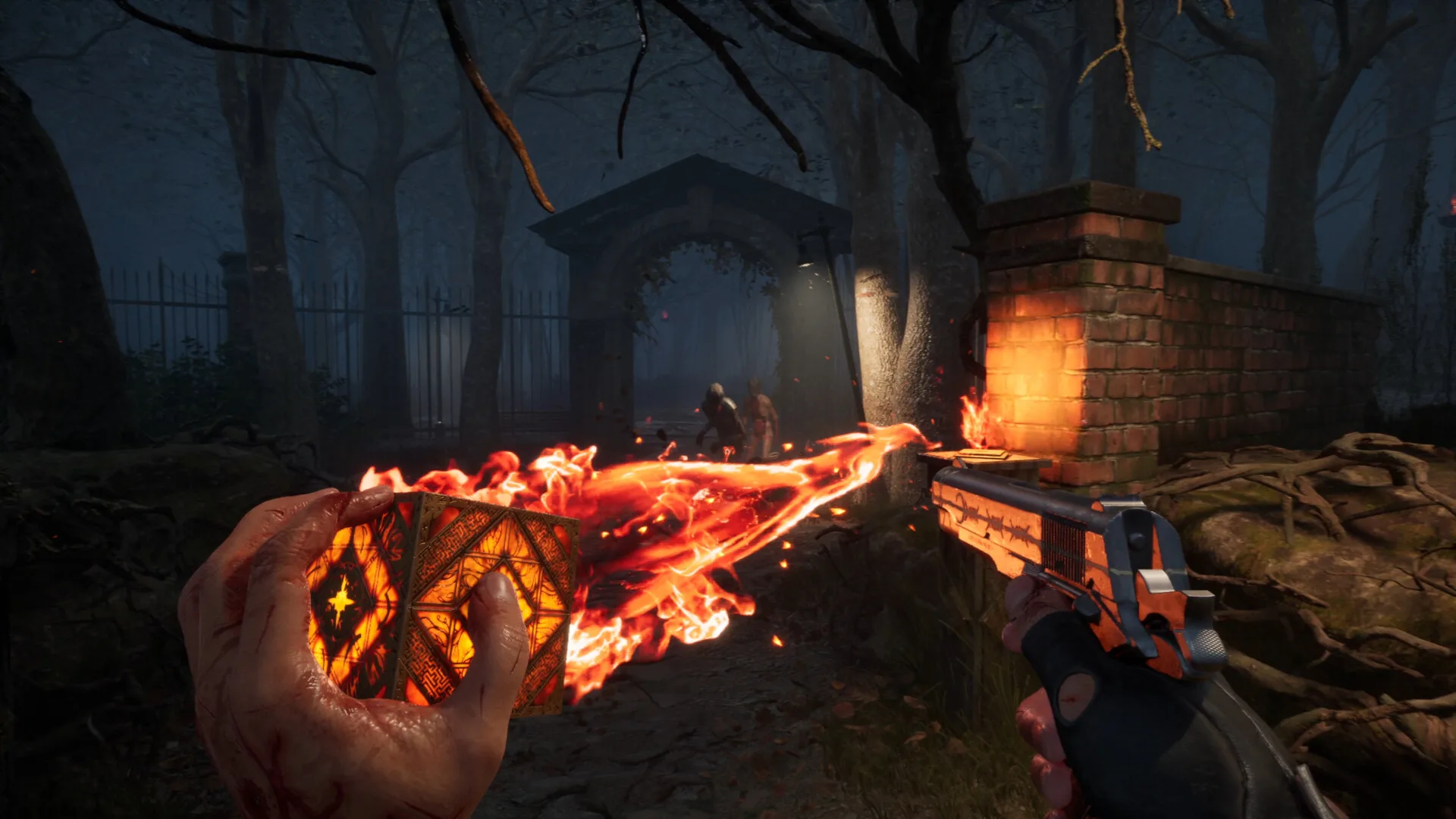 Steam screenshot of a glowing puzzle box and a pistol near a stone doorway in Hellraiser: Revival, 1920 by 1080, Steam app 1551980