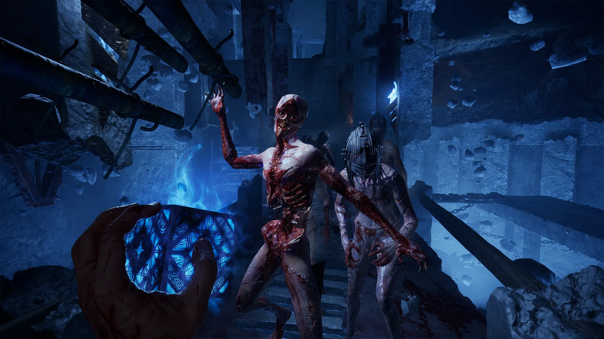 Steam screenshot of enemies approaching the player holding a blue-lit puzzle box in Hellraiser: Revival, 1920 by 1080, Steam app 1551980