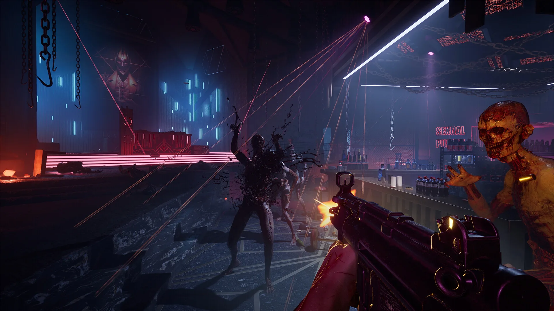 Steam screenshot of pistol combat against enemies in a neon-lit room in Hellraiser: Revival, 1920 by 1080, Steam app 1551980